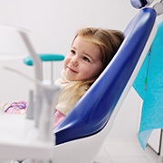 Little girl in dental chair before frenectomy in Cleveland, OH